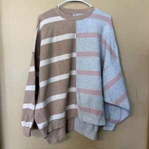 Free People Colorblock Striped Oversized Sweatshirt Taupe Gray Pink Extra Small